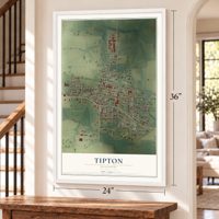 Tipton, Missouri map, 24 x 36 inch print in a white frame by a staircase