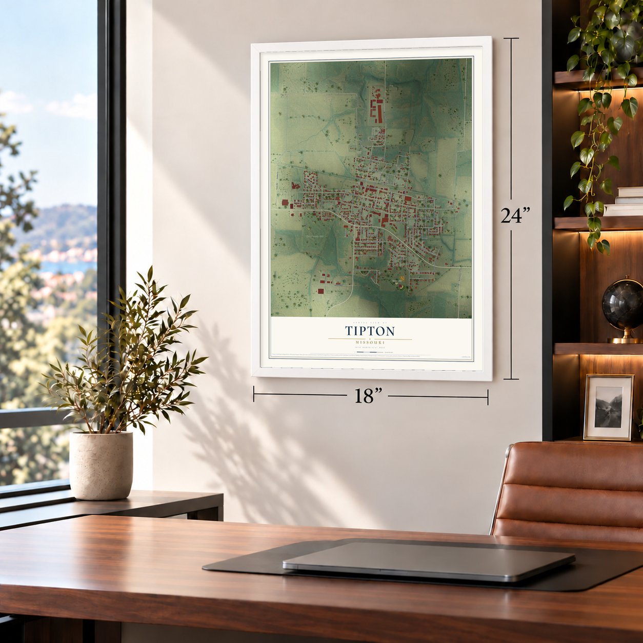 Tipton, Missouri map, 18 x 24 inch print in a white frame in a home office