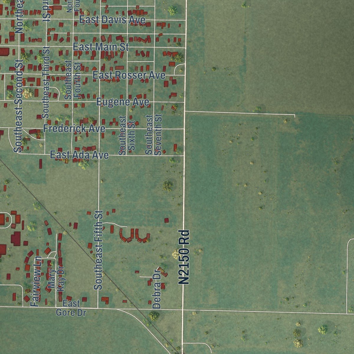 Second close-up of the map of Tipton, Oklahoma print showing more streets and buildings