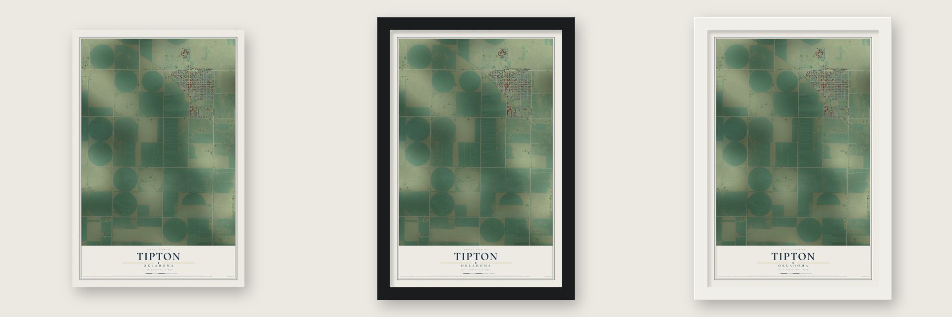 Tipton, Oklahoma map unframed, in a black wood frame and in a white wood frame