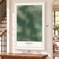 Tipton, Oklahoma map, 24 x 36 inch print in a white frame by a staircase