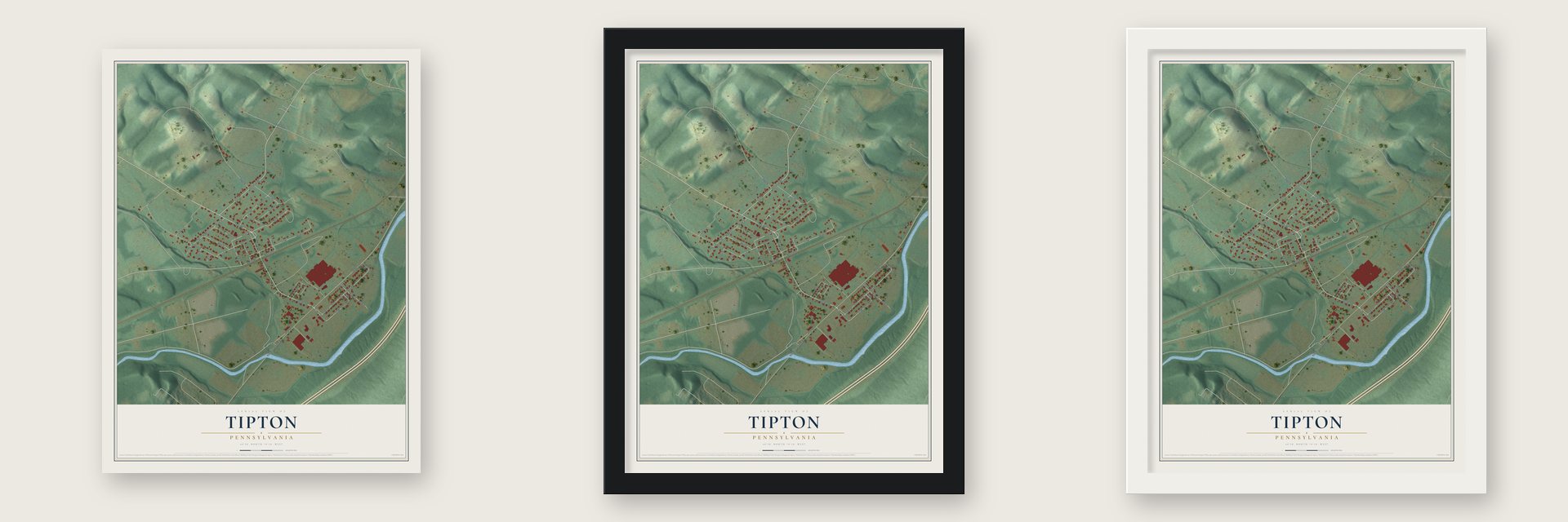 Tipton, Pennsylvania map unframed, in a black wood frame and in a white wood frame