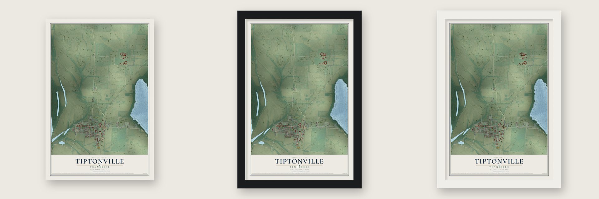 Tiptonville, Tennessee map unframed, in a black wood frame and in a white wood frame