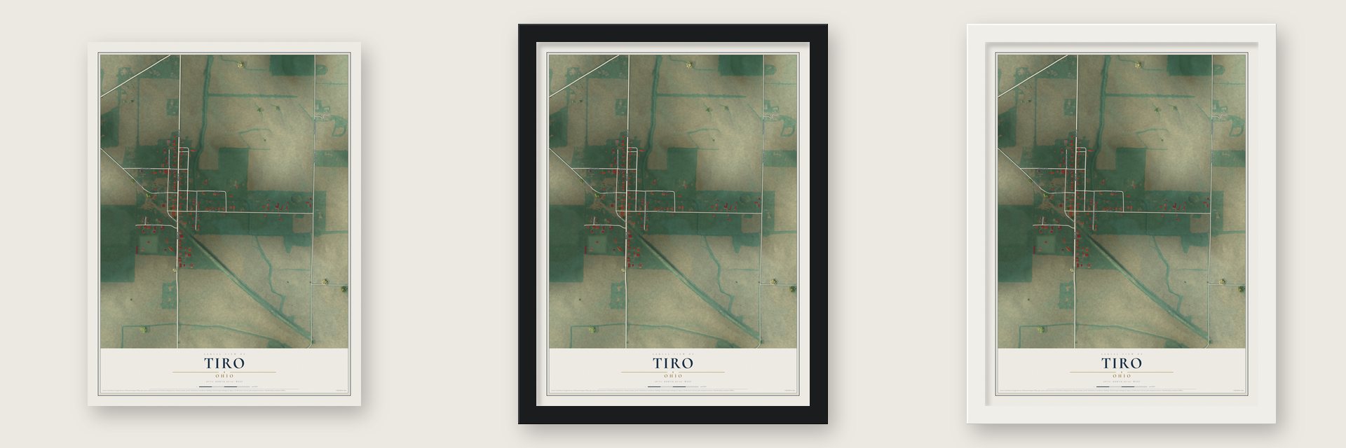 Tiro, Ohio map unframed, in a black wood frame and in a white wood frame
