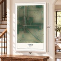 Tiro, Ohio map, 24 x 36 inch print in a white frame by a staircase