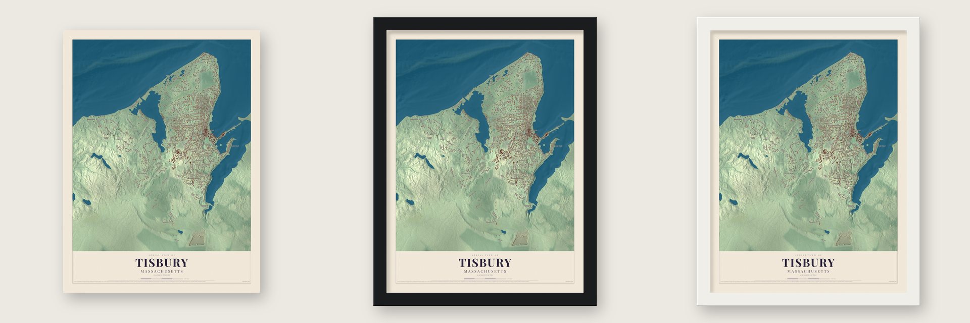 Tisbury, Massachusetts map unframed, in a black wood frame and in a white wood frame
