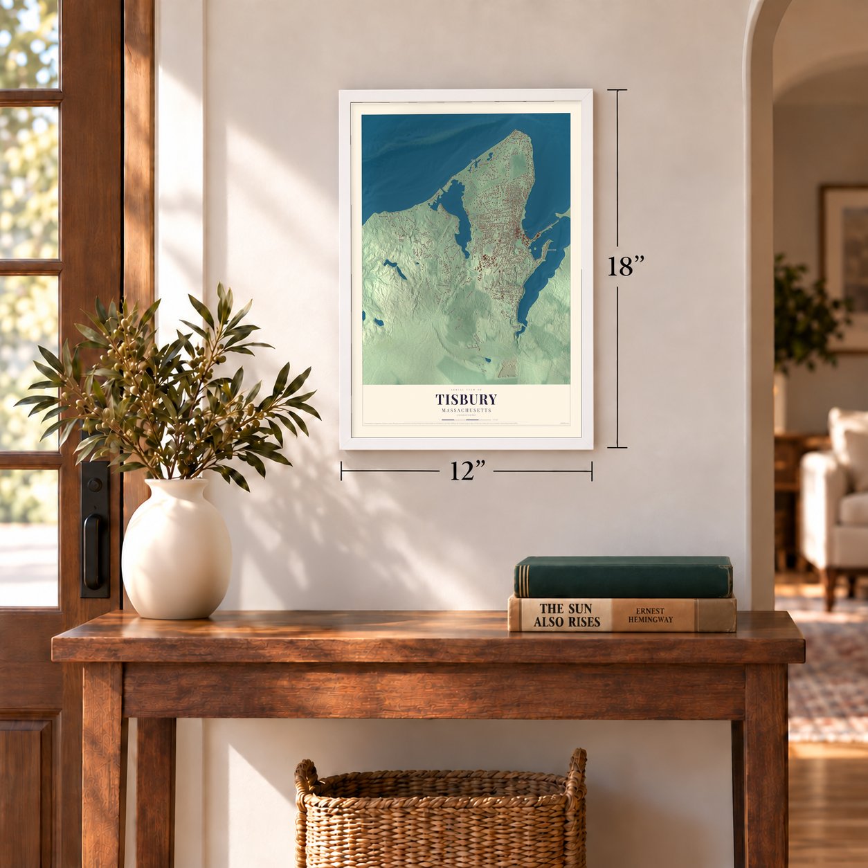 Tisbury, Massachusetts map, 12 x 18 inch print in a white frame in an entryway