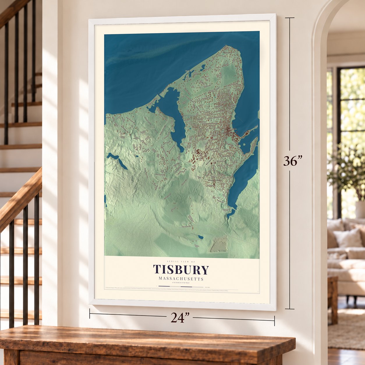 Tisbury, Massachusetts map, 24 x 36 inch print in a white frame by a staircase