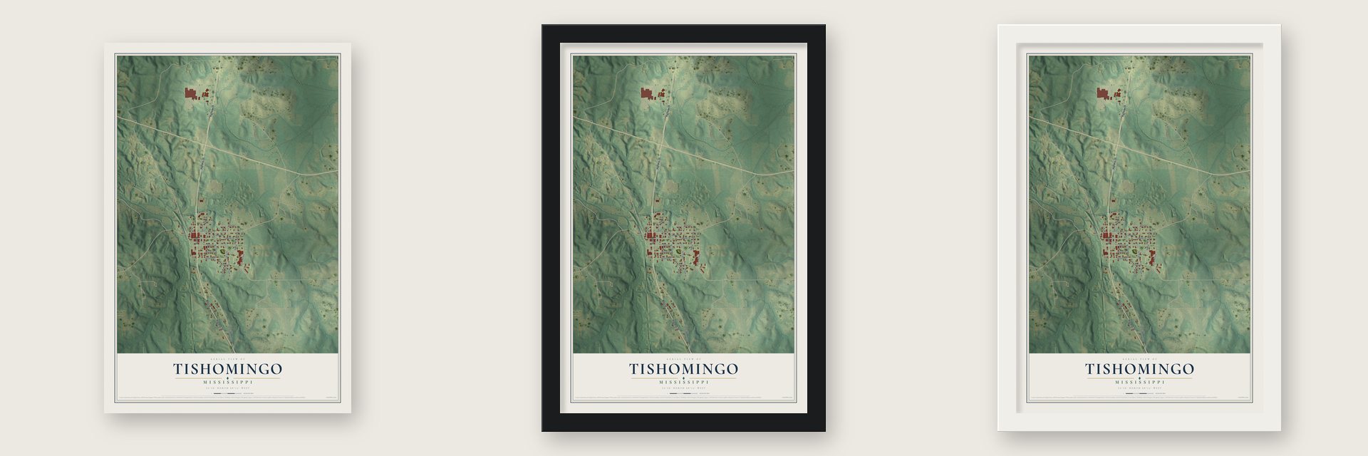 Tishomingo, Mississippi map unframed, in a black wood frame and in a white wood frame