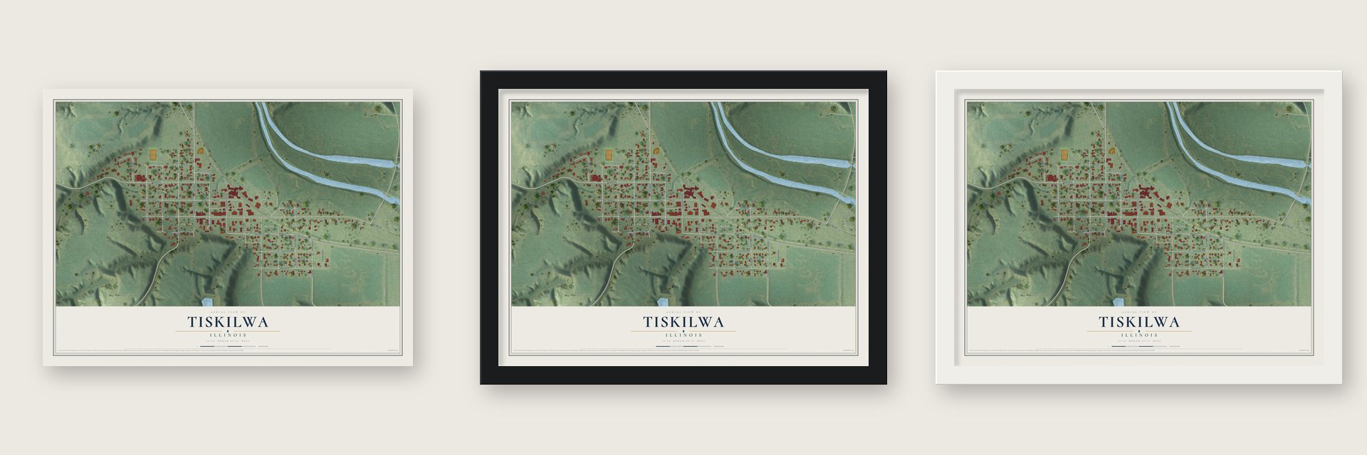 Tiskilwa, Illinois map unframed, in a black wood frame and in a white wood frame