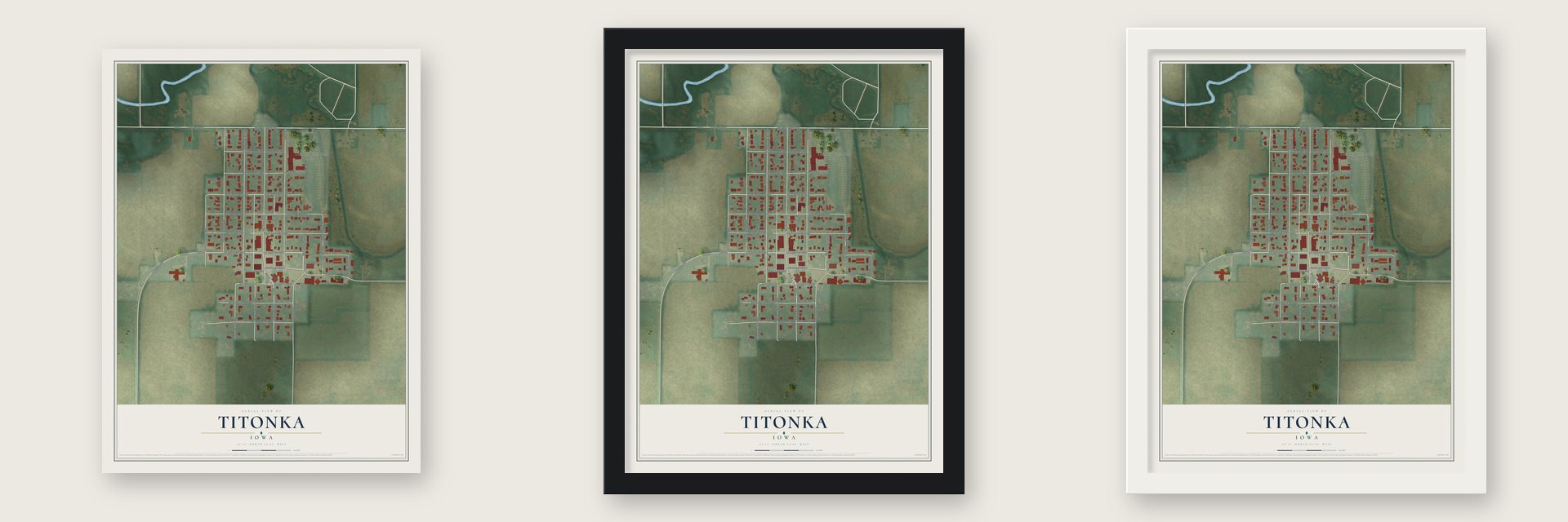 Titonka, Iowa map unframed, in a black wood frame and in a white wood frame
