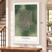 Titonka, Iowa map, 24 x 36 inch print in a white frame by a staircase