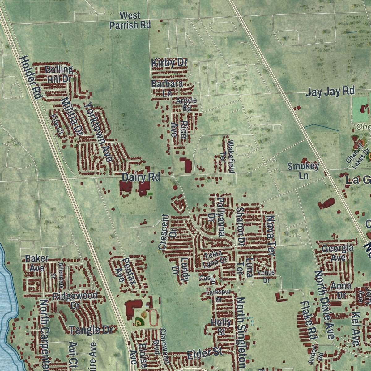 Second close-up of the map of Titusville, Florida print showing more streets and buildings