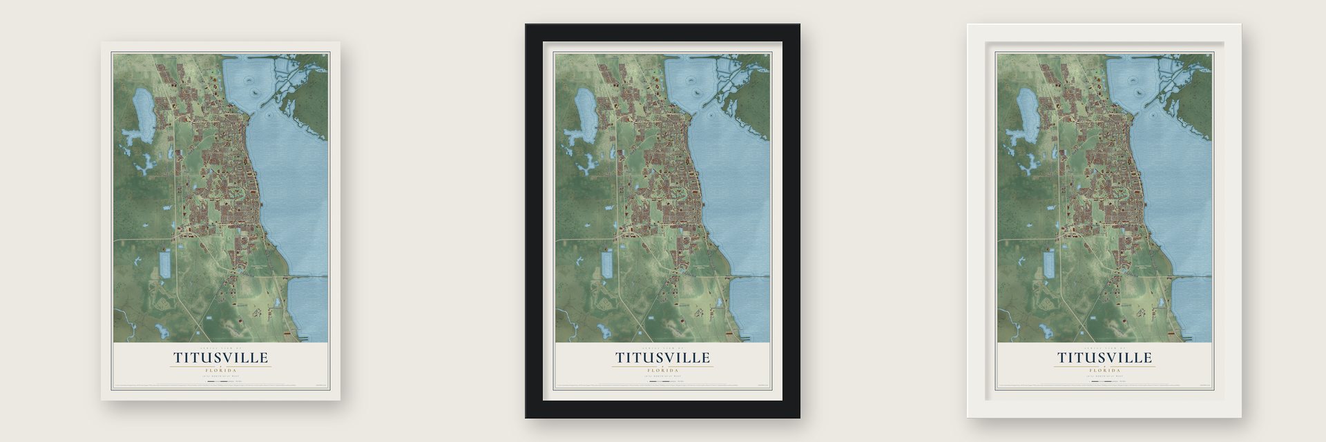 Titusville, Florida map unframed, in a black wood frame and in a white wood frame