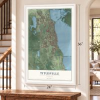 Titusville, Florida map, 24 x 36 inch print in a white frame by a staircase