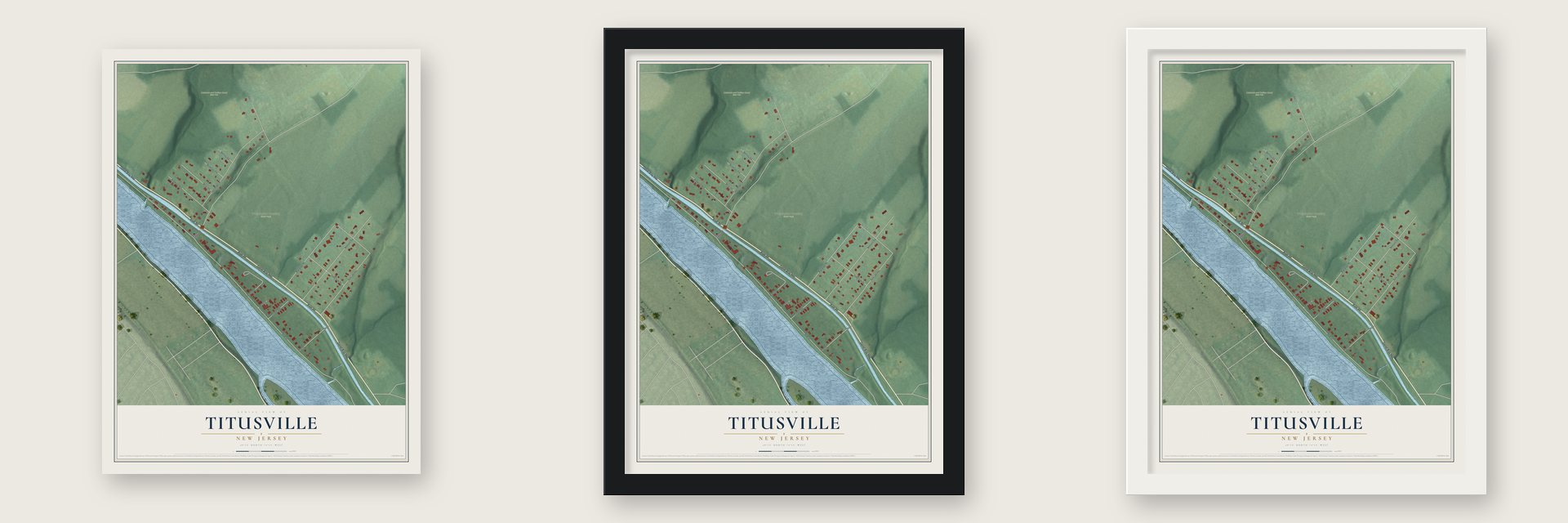 Titusville, New Jersey map unframed, in a black wood frame and in a white wood frame