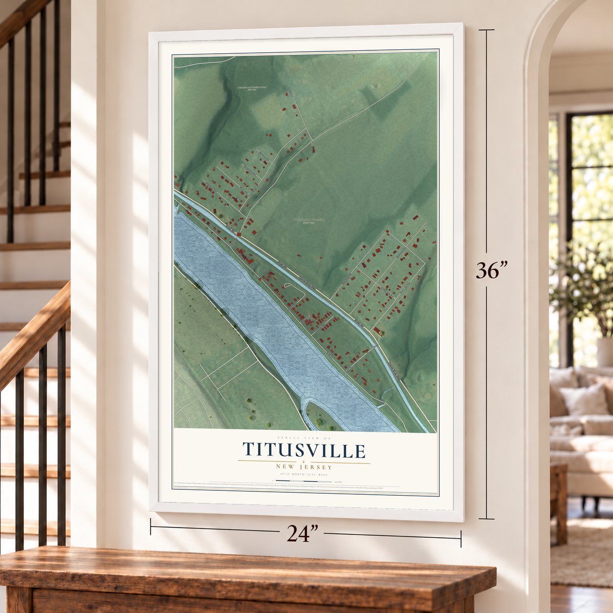 Titusville, New Jersey map, 24 x 36 inch print in a white frame by a staircase