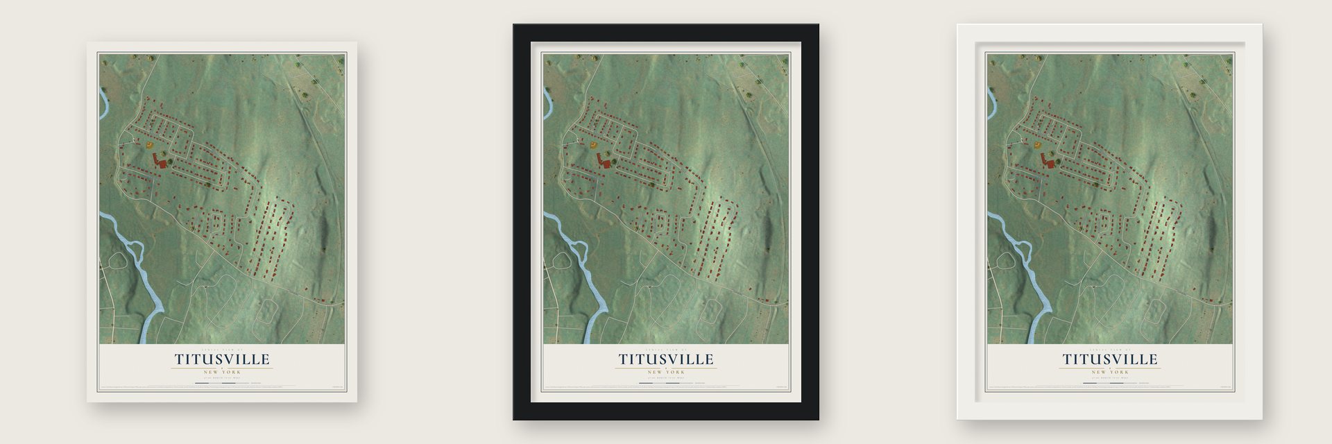 Titusville, New York map unframed, in a black wood frame and in a white wood frame