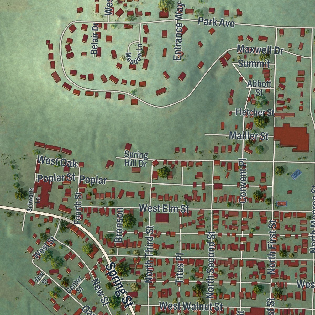 Second close-up of the map of Titusville, Pennsylvania print showing more streets and buildings