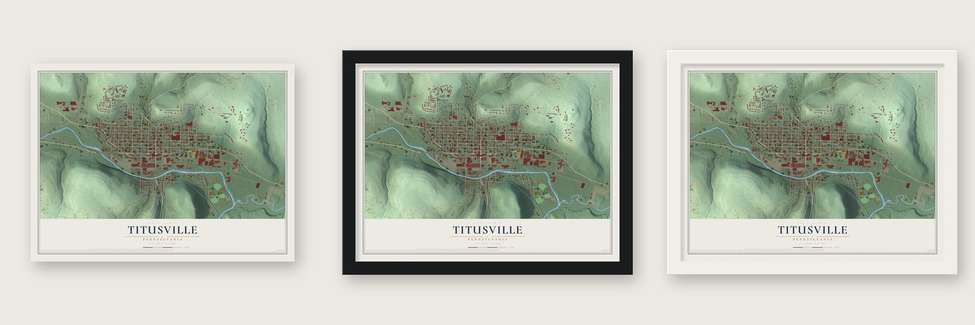 Titusville, Pennsylvania map unframed, in a black wood frame and in a white wood frame