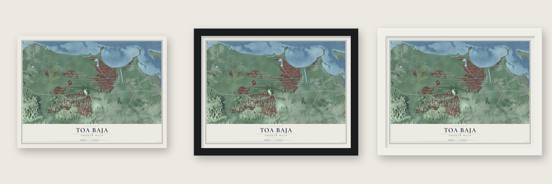 Toa Baja, Puerto Rico map unframed, in a black wood frame and in a white wood frame