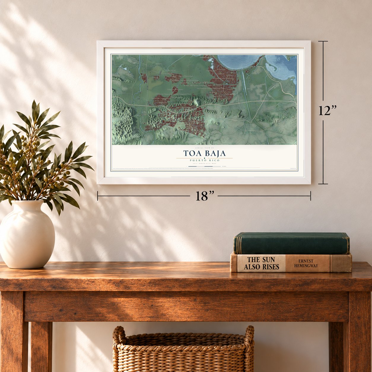 Toa Baja, Puerto Rico map, 12 x 18 inch print in a white frame in an entryway