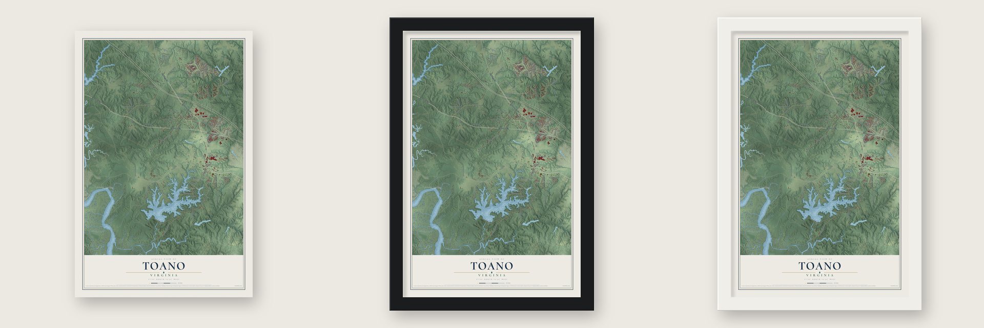 Toano, Virginia map unframed, in a black wood frame and in a white wood frame