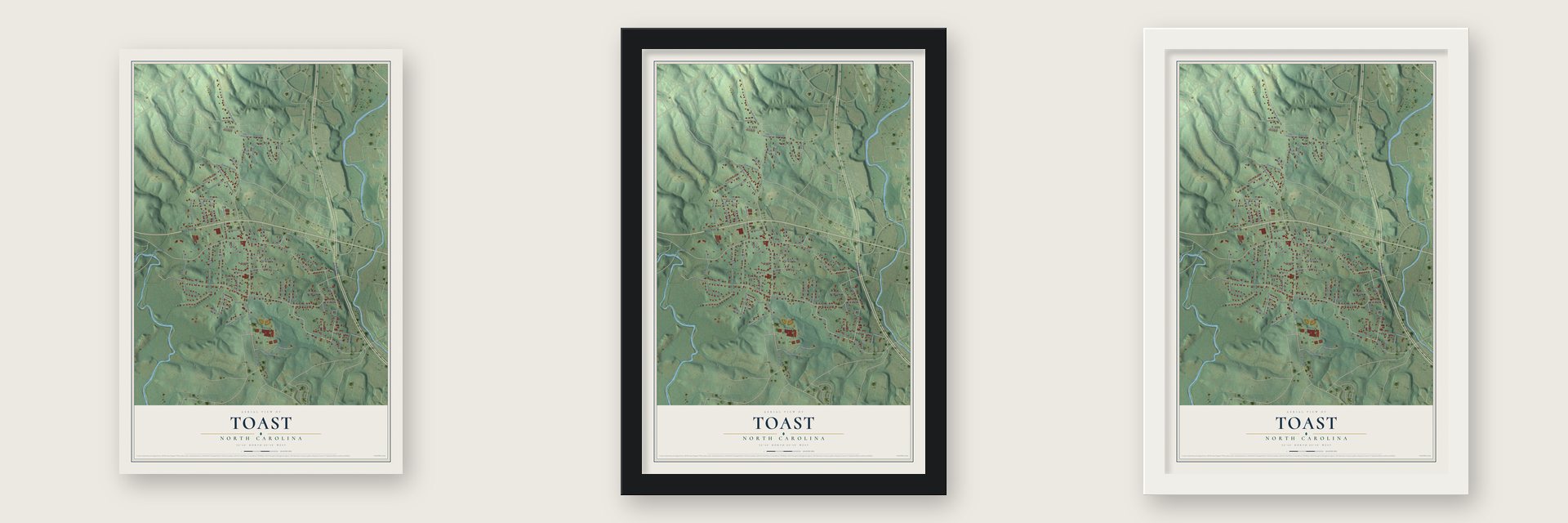 Toast, North Carolina map unframed, in a black wood frame and in a white wood frame