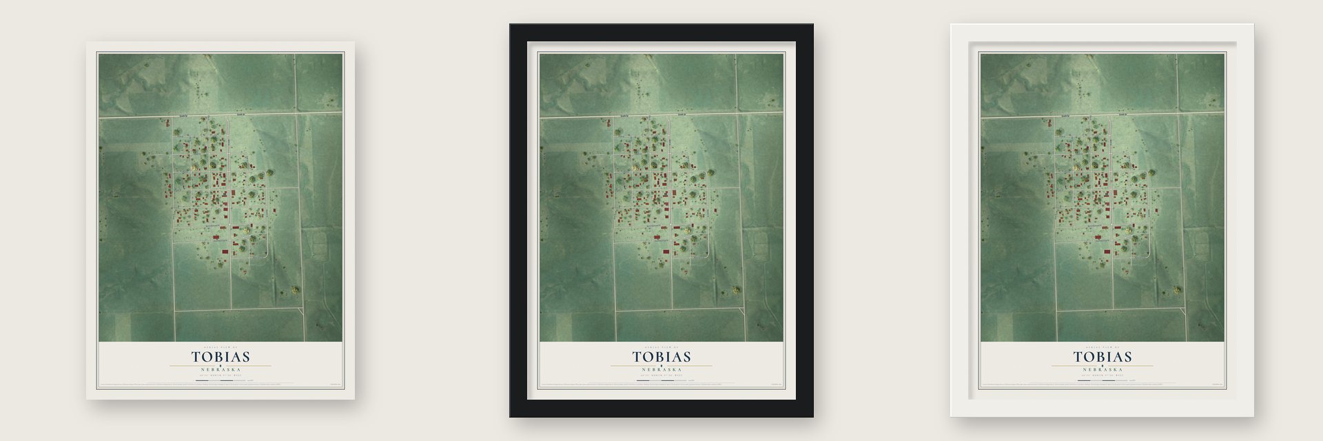 Tobias, Nebraska map unframed, in a black wood frame and in a white wood frame