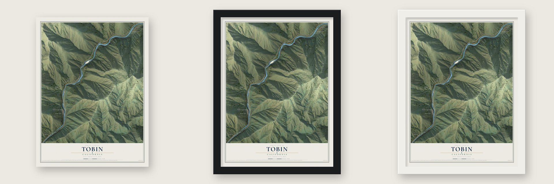 Tobin, California map unframed, in a black wood frame and in a white wood frame