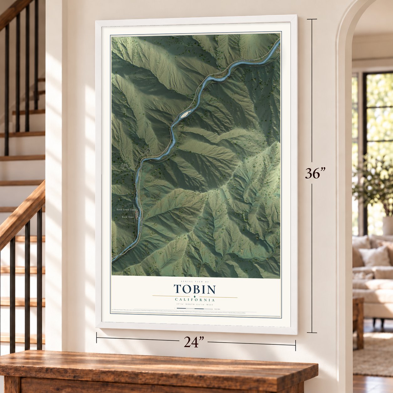 Tobin, California map, 24 x 36 inch print in a white frame by a staircase