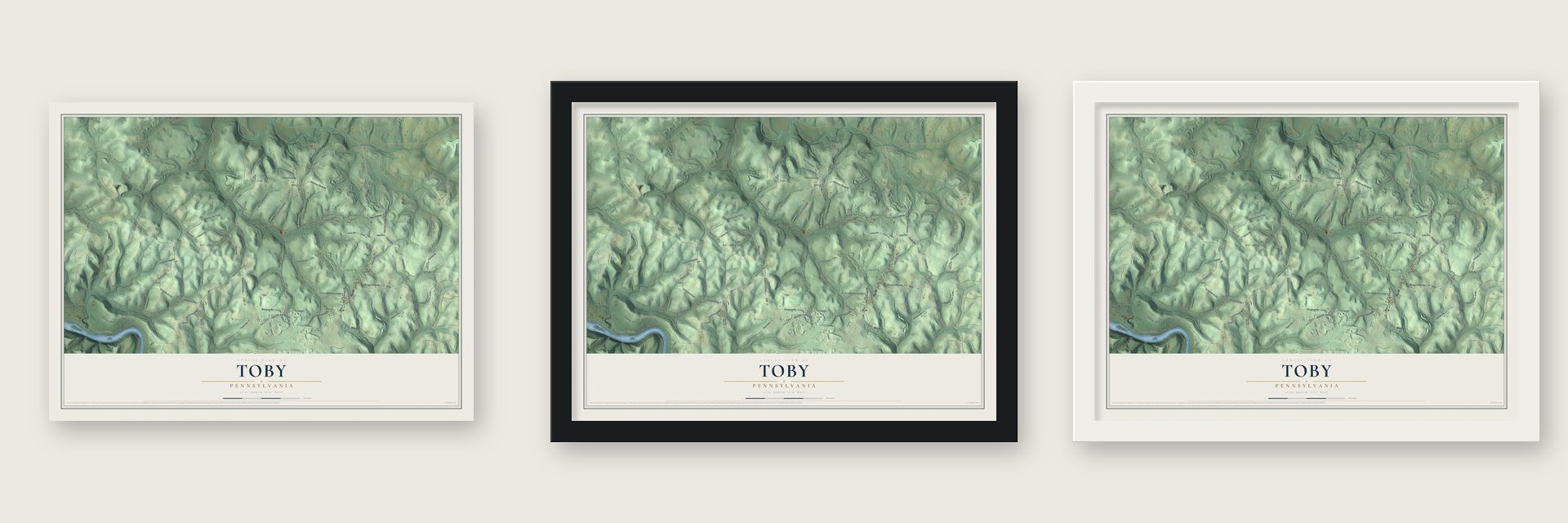 Toby, Pennsylvania map unframed, in a black wood frame and in a white wood frame