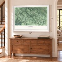 Toby, Pennsylvania map, 24 x 36 inch print in a white frame above a dresser by a staircase