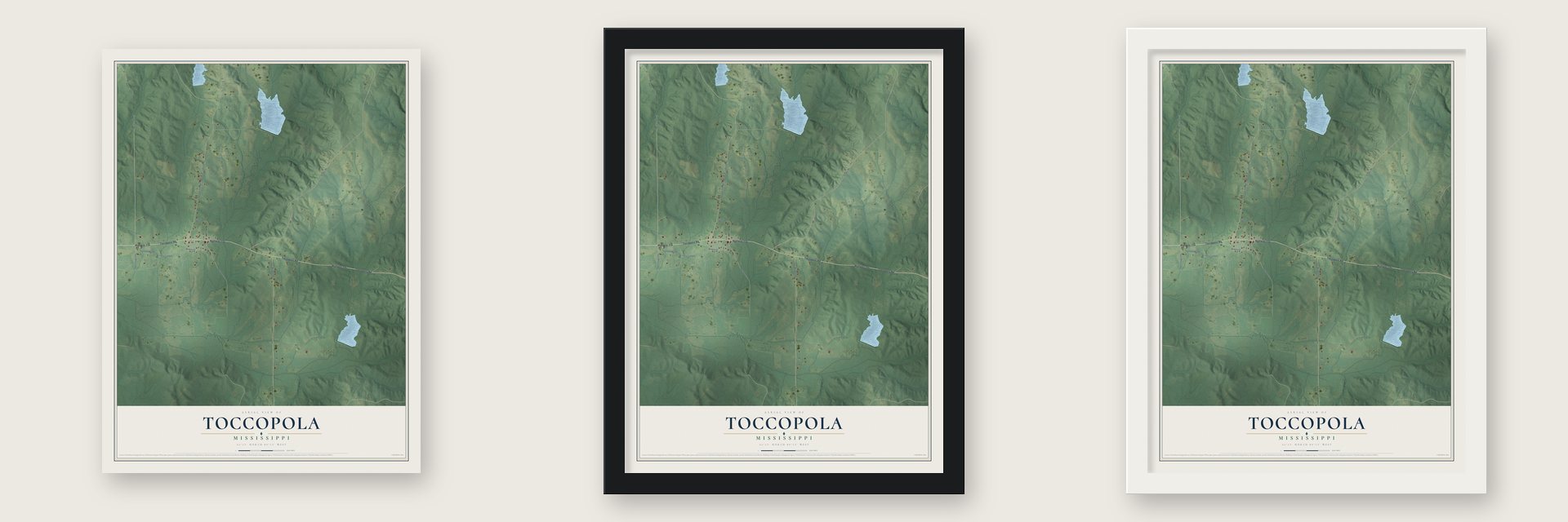 Toccopola, Mississippi map unframed, in a black wood frame and in a white wood frame