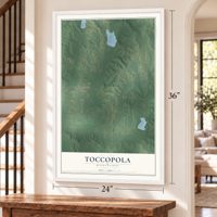 Toccopola, Mississippi map, 24 x 36 inch print in a white frame by a staircase