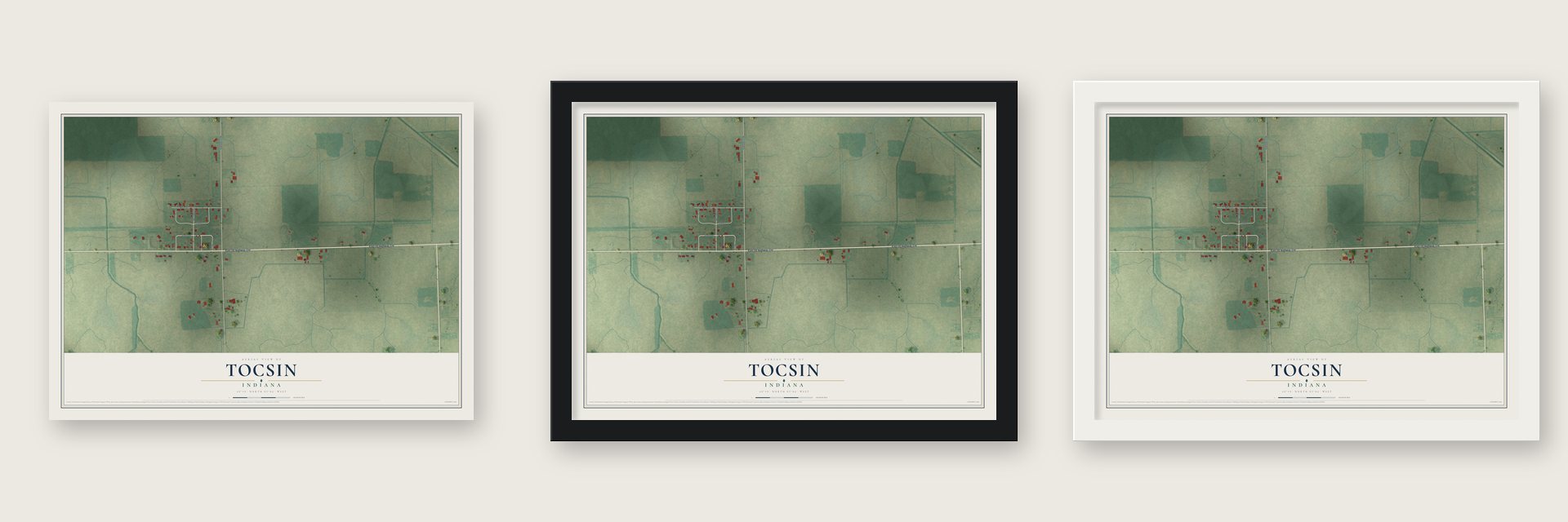Tocsin, Indiana map unframed, in a black wood frame and in a white wood frame