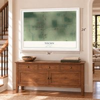 Tocsin, Indiana map, 24 x 36 inch print in a white frame above a dresser by a staircase