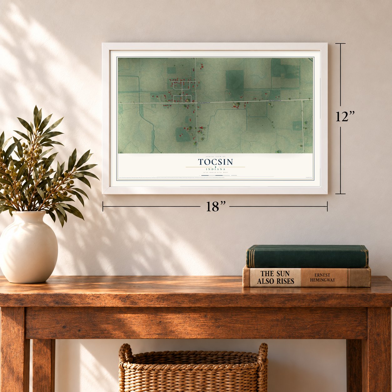 Tocsin, Indiana map, 12 x 18 inch print in a white frame in an entryway
