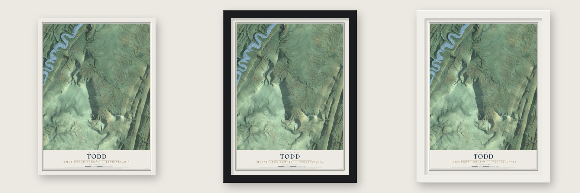 Todd, Huntingdon County, Pennsylvania map unframed, in a black wood frame and in a white wood frame