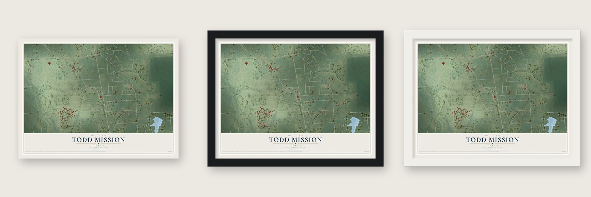 Todd Mission, Texas map unframed, in a black wood frame and in a white wood frame