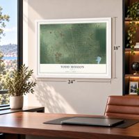 Todd Mission, Texas map, 18 x 24 inch print in a white frame in a home office