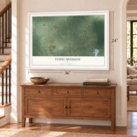 Todd Mission, Texas map, 24 x 36 inch print in a white frame above a dresser by a staircase