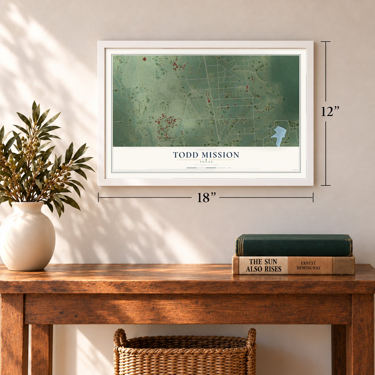 Todd Mission, Texas map, 12 x 18 inch print in a white frame in an entryway