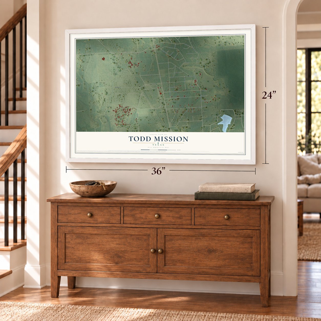 Todd Mission, Texas map, 24 x 36 inch print in a white frame above a dresser by a staircase