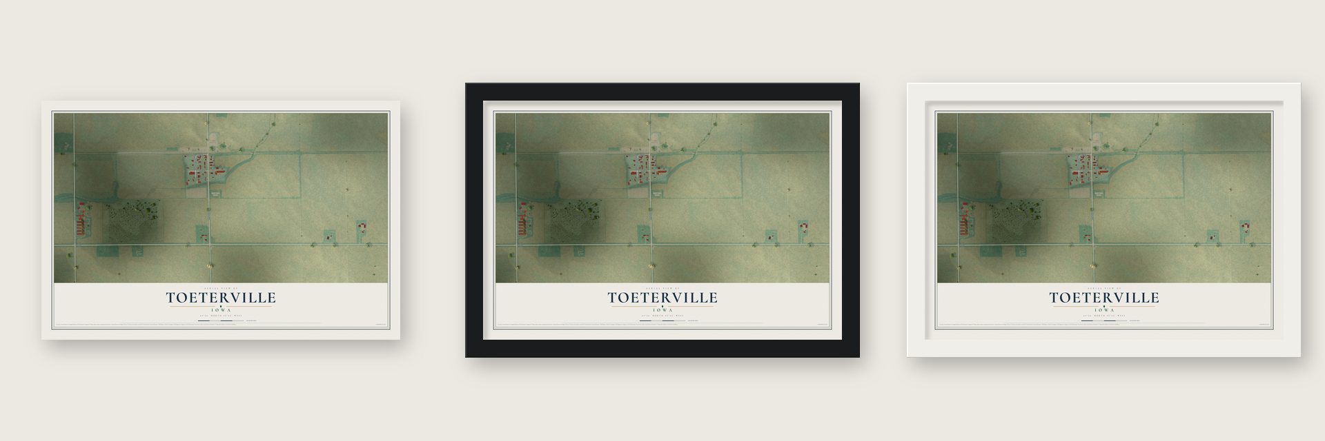 Toeterville, Iowa map unframed, in a black wood frame and in a white wood frame