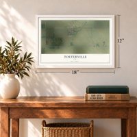 Toeterville, Iowa map, 12 x 18 inch print in a white frame in an entryway