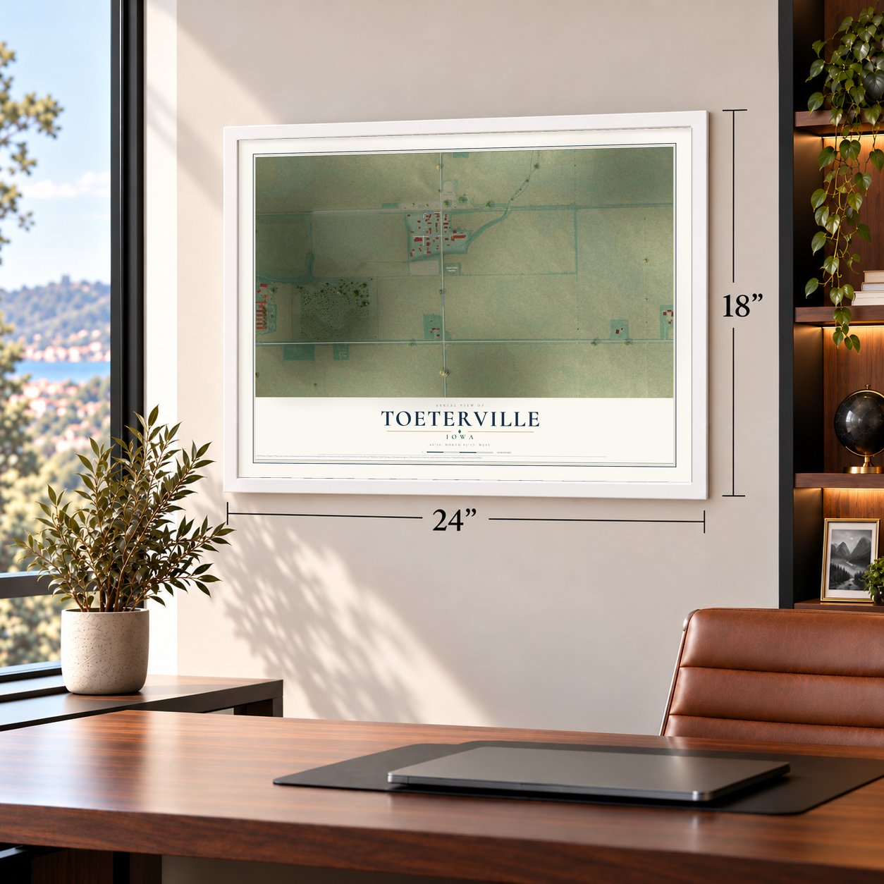 Toeterville, Iowa map, 18 x 24 inch print in a white frame in a home office