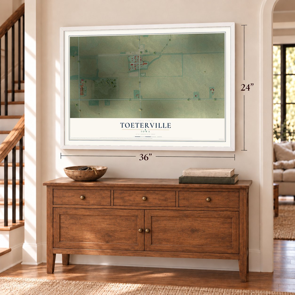 Toeterville, Iowa map, 24 x 36 inch print in a white frame above a dresser by a staircase