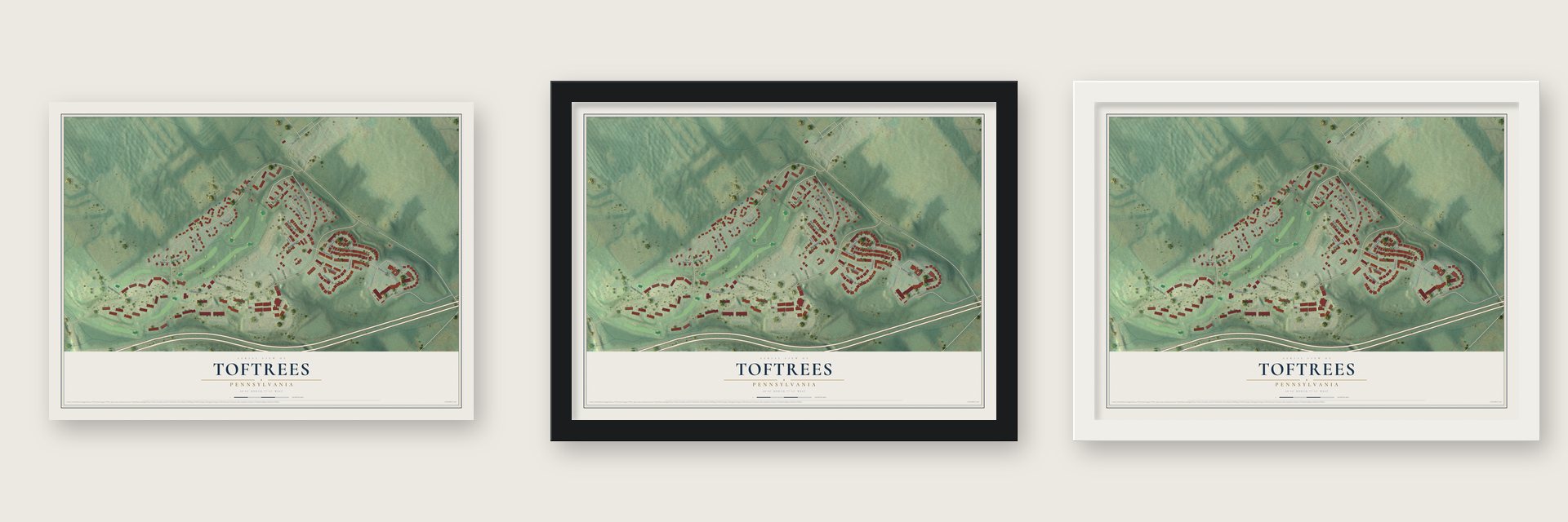 Toftrees, Pennsylvania map unframed, in a black wood frame and in a white wood frame