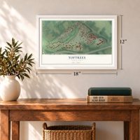 Toftrees, Pennsylvania map, 12 x 18 inch print in a white frame in an entryway